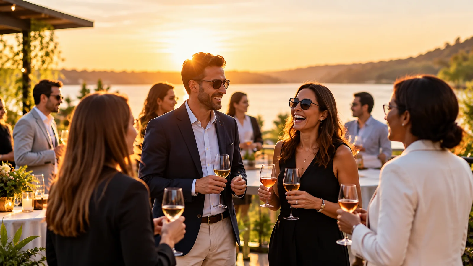 Cocktail au coucher du soleil au bord d'un lac